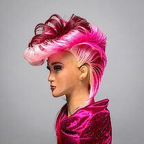 Frisierkopf aus einer Meisterprüfung mit pinken Haaren und pinker Kleidung